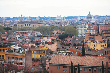 Fototapeta na wymiar Rome panorama, Lazio, Italy, beautiful panoramic vibrant summer wide view of Roma and Vatican, with cathedrals, cityscape and scenery beyond the city, seen from observation deck