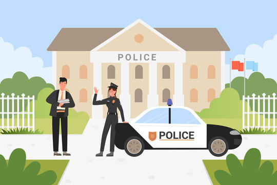 Student University Graduate Vector Illustration. Cartoon Young Man Character Carrying Books After Graduation From High School, Walking On City Street, Woman Police Officer Waving, Smiling Background