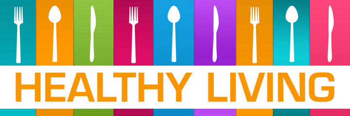 Healthy Living Colorful Boxes Spoon Fork Knife Horizontal Text 