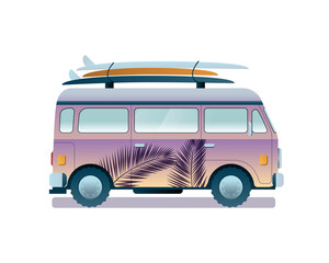 Minibus for the transport of surf equipment. Isolated vector illustration.