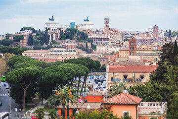 Rome panorama, Lazio, Italy, beautiful panoramic vibrant summer wide view of Roma and Vatican, with cathedrals, cityscape and scenery beyond the city, seen from observation deck