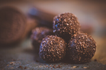 Close up image of chocolate truffles in a restaurant
