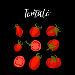 Juicy and fresh tomatoes of different varieties. Healthy nutrition product.