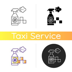 Regularly disinfected cab icon. Ensuring the safety of passengers. Sanitizer bottle. City trasport. Taxi safe service. Linear black and RGB color styles. Isolated vector illustrations