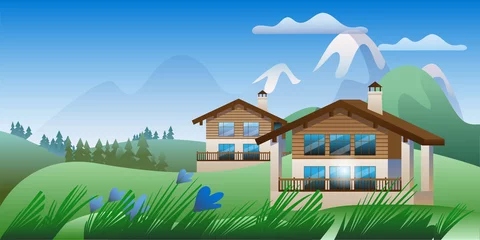 Rollo Summer mountain landscape with houses. Image of an Alpine Chalet on the background of a mountain landscape. A template of horizontal banner. © Юлия Прыкина