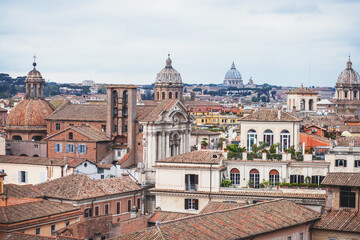 Fototapeta premium Rome panorama, Lazio, Italy, beautiful panoramic vibrant summer wide view of Roma and Vatican, with cathedrals, cityscape and scenery beyond the city, seen from observation deck