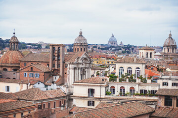 Fototapeta na wymiar Rome panorama, Lazio, Italy, beautiful panoramic vibrant summer wide view of Roma and Vatican, with cathedrals, cityscape and scenery beyond the city, seen from observation deck