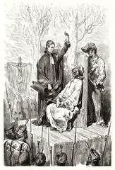death penalty by garrote in Spain. Death was caused by strangulation on gallows in front of soldiers and inquisitor. Ancient grey tone etching style art by Dore, Le Tour du Monde, 1862