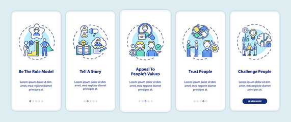 Tips of how to motivate people onboarding mobile app page screen with concepts. Telling motivation story walkthrough 5 steps graphic instructions. UI vector template with RGB color illustrations