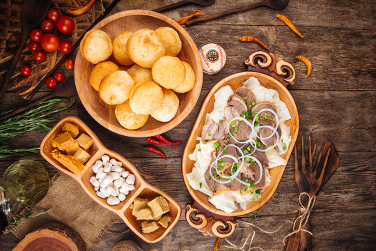Kazakh traditional dishes beshbarmak with horse meat baursaks