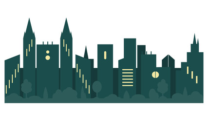 Fototapeta premium Night city silhouette, buildings with windows, simple design in flat style. Abstract city view with trees, horizontal banner. Flat vector illustration