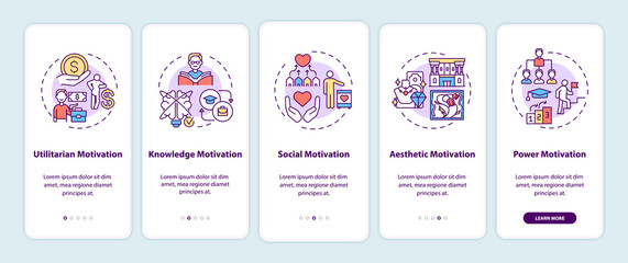 Motivational factors onboarding mobile app page screen with concepts. Inspiration for work and education walkthrough 5 steps graphic instructions. UI vector template with RGB color illustrations