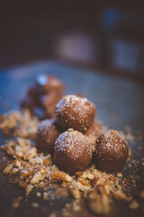 Close up image of chocolate truffles in a restaurant