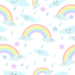 Colorful rainbow with smiling clouds, stars and rain drops. Seamless vector pattern in cartoon style, pastel colors, vector illustration for children isolated on white background