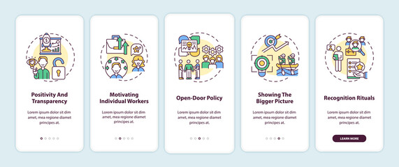 Staff motivation strategies onboarding mobile app page screen with concepts. Encourage workers walkthrough 5 steps graphic instructions. UI vector template with RGB color illustrations