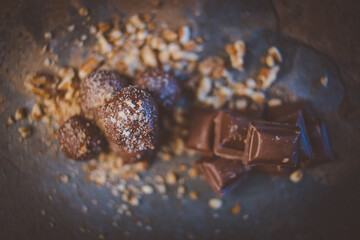 Close up image of chocolate truffles in a restaurant