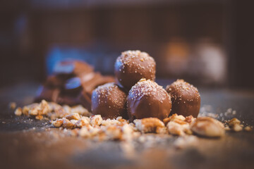 Close up image of chocolate truffles in a restaurant