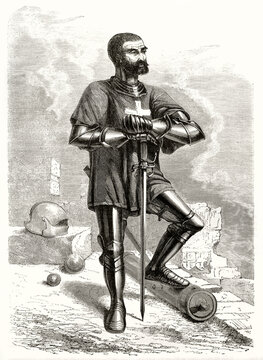 knight of Rhodes posing with armor supporting himself with the sword and uncovered head no helm. Pose suggests loyalty and braveness. Grey tone etching style art by Pannemaker, Le Tour du Monde, 1862