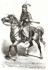 Kurdish knight on horse abreast equipped with light armor, helm and saber inside scabbard. Single full body figure. Grey tone etching style art by Duhousset, Le Tour du Monde, 1862