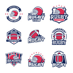 Set of Rugby club emblem. American Football badge shield logo, Rugby ball team game club elements, Vector Logo Illustration Fit to championship or team