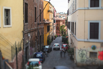 Naklejka na ściany i meble Trastevere district, Rome, Italy, view of rione Trastevere, Roma, with historical narrow streets, Municipio I, west bank of Tiber in Rome, Lazio, Italy, cozy streets with restaurants and architecture