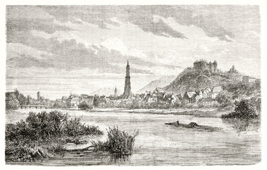 landscape from flat water of Isar river of Landshut, Germany. Little town surrounded bu hills and nature. Ancient grey tone etching style art by Lancelot and Laly, Le Tour du Monde, 1862 - 420759094