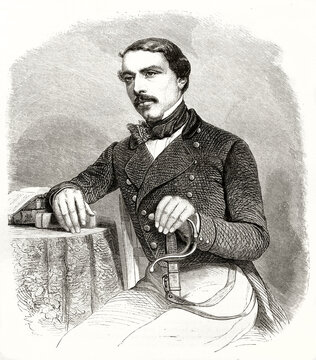 portrait of Henri Lambert, French diplomat, seated at desk in official clothes with hand resting on his sword. Ancient grey tone etching style art by Hadamard and Verdeil, Le Tour du Monde, 1862