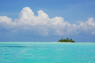 Uninhabited tropical island with palm trees. empty space with beautiful turquoise lagoon
