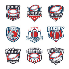 Naklejka premium Set of Rugby club emblem. American Football badge shield logo, Rugby ball team game club elements, Vector Logo Illustration Fit to championship or team