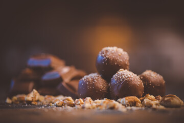 Close up image of chocolate truffles in a restaurant