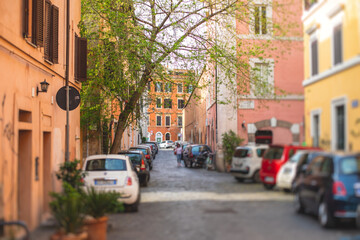 Trastevere district, Rome, Italy, view of rione Trastevere, Roma, with historical narrow streets, Municipio I, west bank of Tiber in Rome, Lazio, Italy, cozy streets with restaurants and architecture