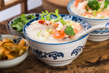 Chinese cuisine:a casserole Chaoshan seafood porridge.seafood porridge