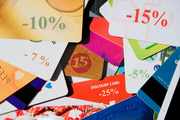 Lots of discount cards with discounts 5%, 7%, 10%, 15%.