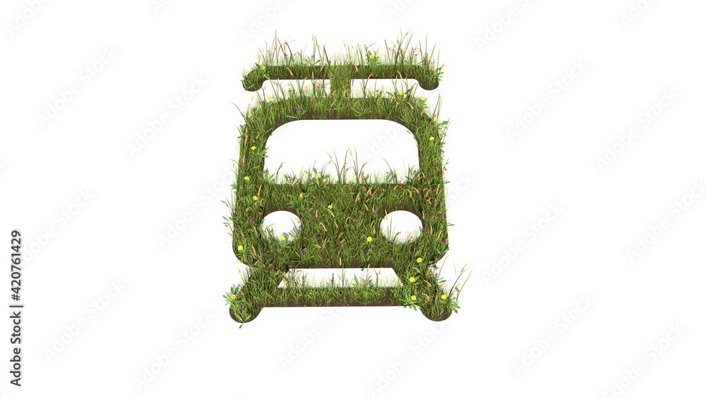 Poster 3d rendered grass field of symbol of tram front view isolated on white background
