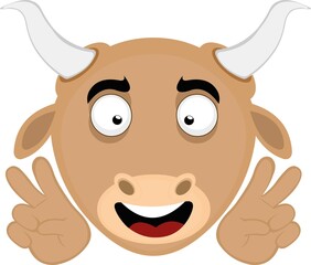 Vector illustration of an emoticon of the head of a cartoon bull with a happy expression with a gesture with his hands of the symbol of love and peace

