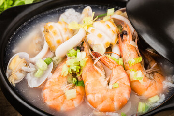 Chinese cuisine:a casserole Chaoshan seafood porridge.seafood porridge