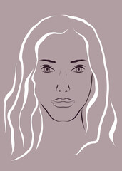Illustration of a face of a beautiful girl with long white hair on a grey violet pink background. Line drawing of a young woman. 