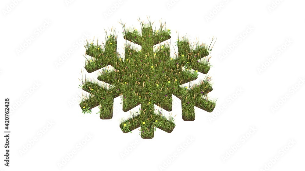 Poster 3d rendered grass field of symbol of snowflake isolated on white background
