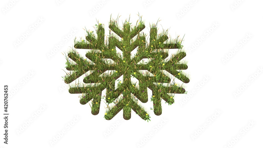 Poster 3d rendered grass field of symbol of snowflake isolated on white background