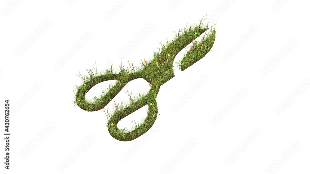 Poster 3d rendered grass field of symbol of scissors isolated on white background
