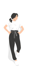 Fototapeta na wymiar Faceless portrait of a glamourous fashionable woman wearing casual basic outfit standing by the wall, flat illustration