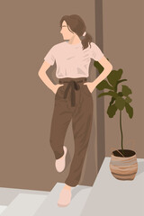 Faceless portrait of a glamourous fashionable woman wearing casual basic outfit in trendy colors standing by the wall with the potted plant on the background, flat illustration