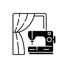 Curtain sewing and alteration black linear icon. Professional upholstery and household items fix. Sewing machine. Clothing repair services. Outline symbol on white space. Vector isolated illustration