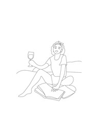 Sketch portrait of a young woman sitting on the bed using facial mask drinking wine and reading fashion magazines, line art