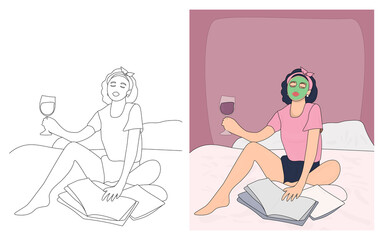 Young woman sitting on the bed using facial mask drinking wine and reading fashion magazines, line art and colored flat illustration