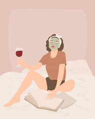 Hand drawn vector portrait of a young woman sitting on the bed using facial mask drinking wine and reading fashion magazines