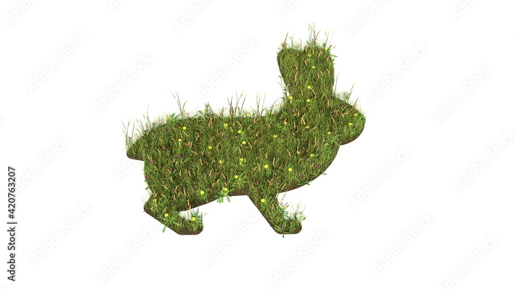 Poster 3d rendered grass field of symbol of rabbit isolated on white background
