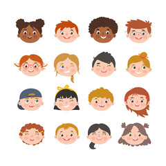 Smiling children faces with different hair and skin color. Multiethnic children collection. Isolated vector illustration. 