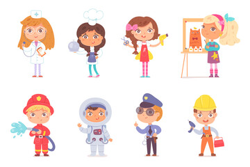 Kid professions set. Cute children with professional occupations vector illustration. Boys and girls as doctor, cook, hairdresser, artist, fireman, astronaut, police, builder on white background