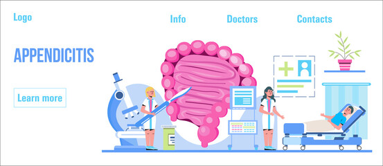 Appendicitis concept header vector for medical websites, blogs. Intestine doctors examine, treat dysbiosis. Tiny therapist of proctology make colonoscopy.